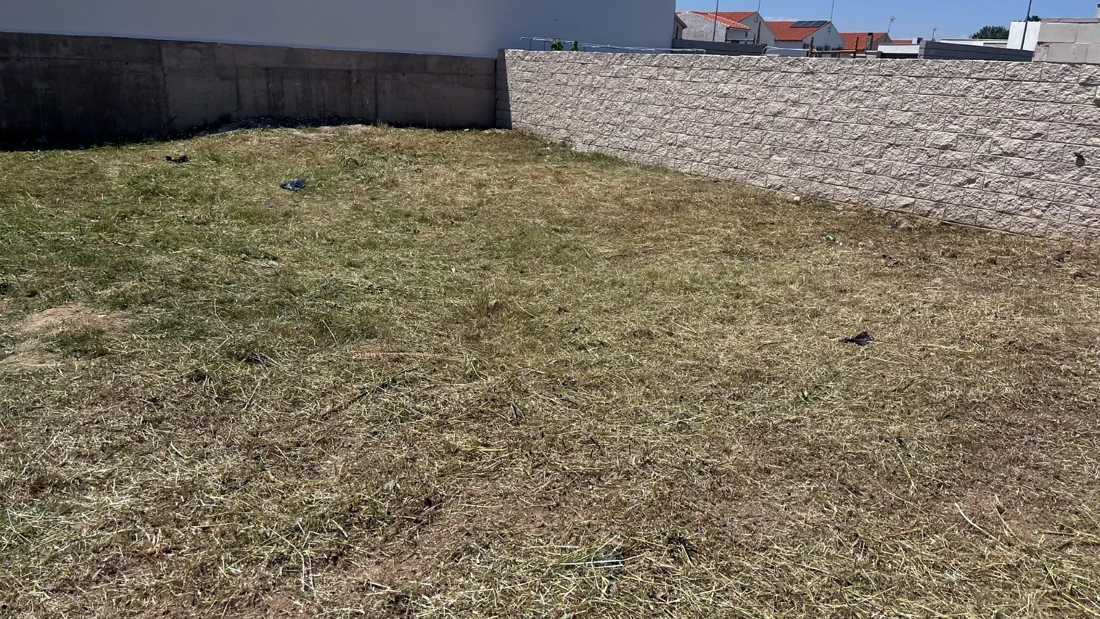 Patio de tierra desbrozado y limpio entre muros