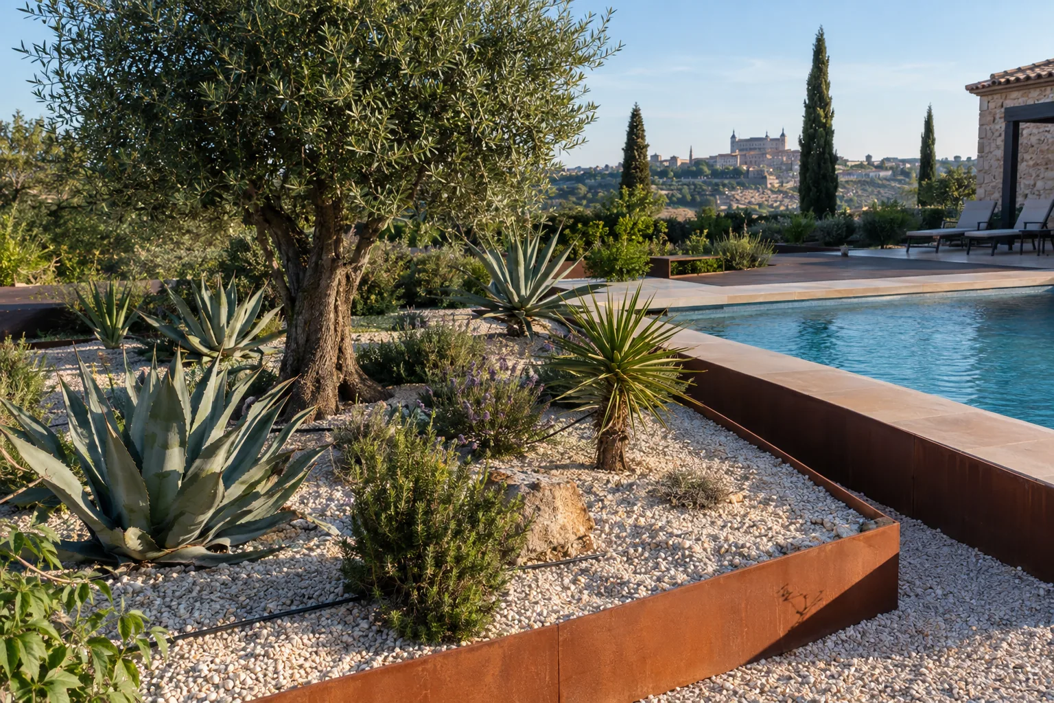 Jardín seco con grava blanca, agaves y olivo junto a una piscina